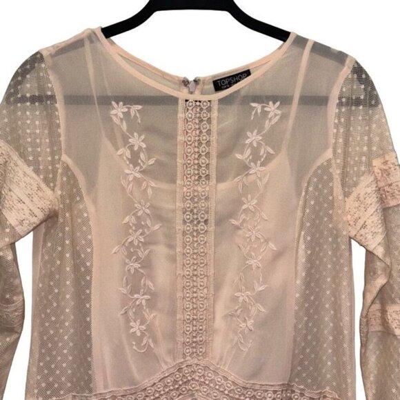Topshop Sheer Lace Embroidered Babydoll Dress With 3/4 Sleeves Size 4 Ligth Pink - Picture 5 of 8